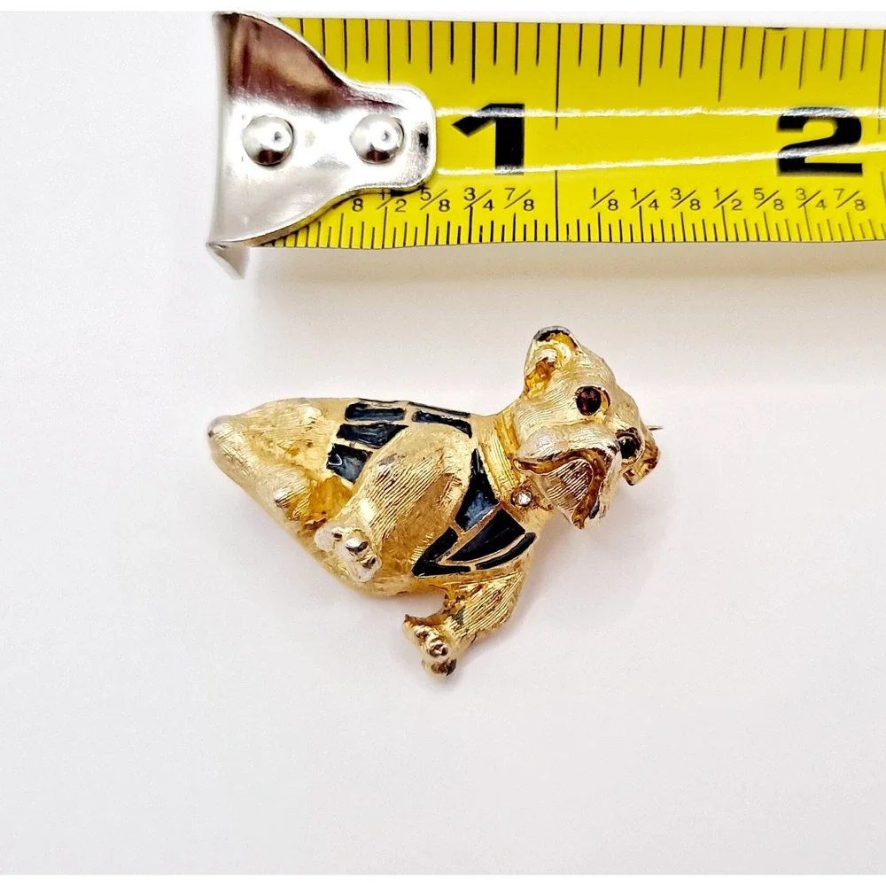 Vintage Goldtone English Bulldog Brooch – Blue Enamel Sweater, Rhinestone Eyes